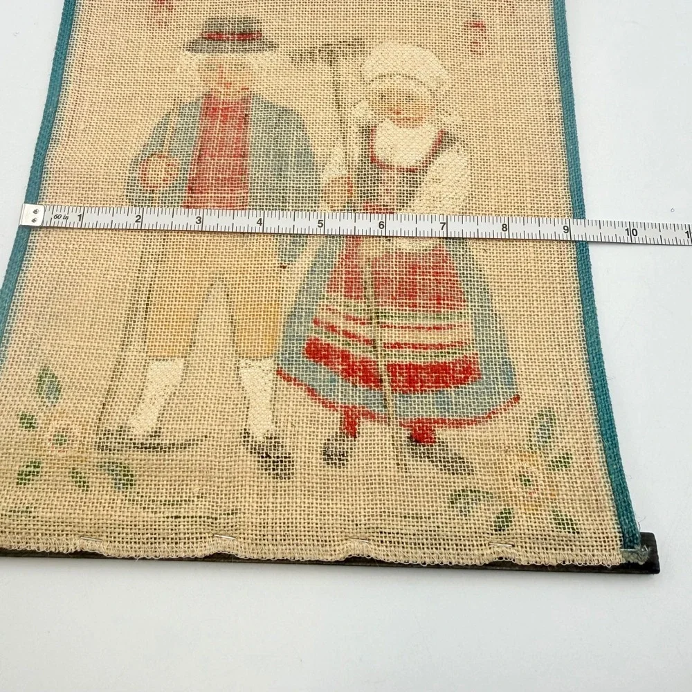 Vintage Scandinavian Folk Art Burlap Wall Hanging Couple Wood Dowels 8.5x11.5